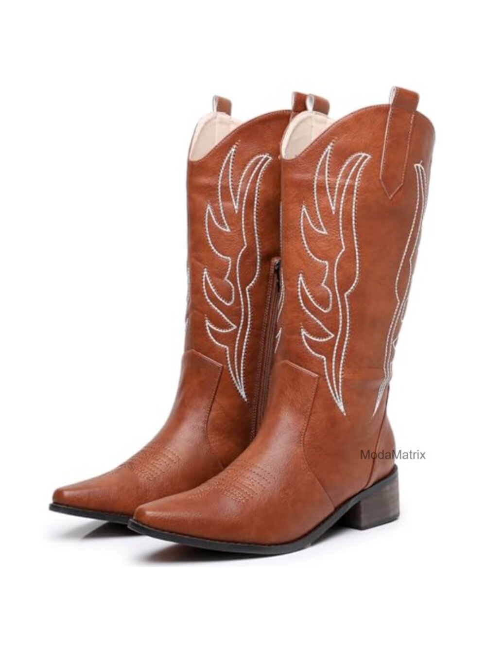 Embroidered Cowboy Boots Women Faux Leather PU Mid Calf Chunky Heel Country